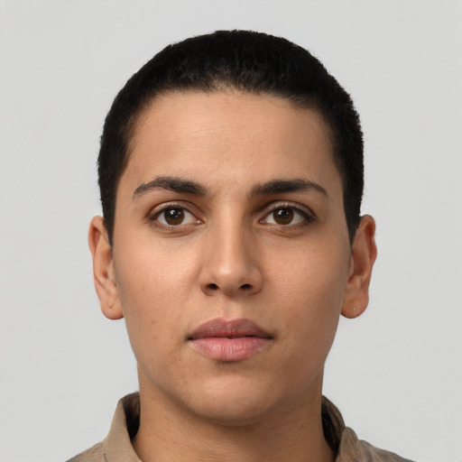 Neutral latino young-adult female with short  brown hair and brown eyes