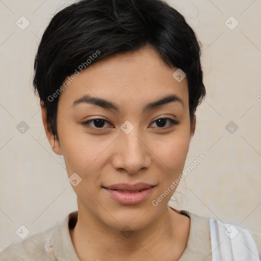 Joyful latino young-adult female with short  brown hair and brown eyes