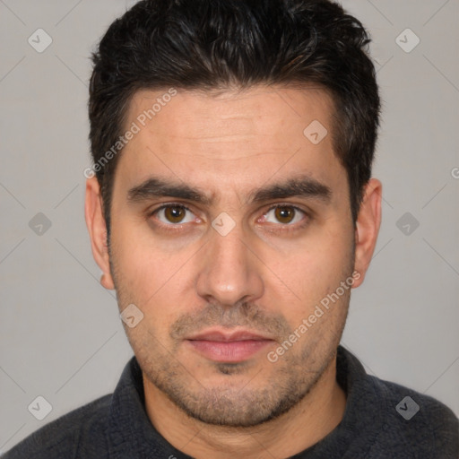 Neutral white adult male with short  brown hair and brown eyes