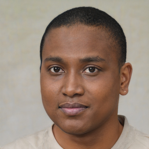 Joyful black young-adult male with short  black hair and brown eyes