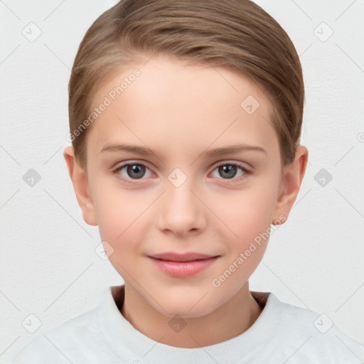 Joyful white child female with short  brown hair and brown eyes