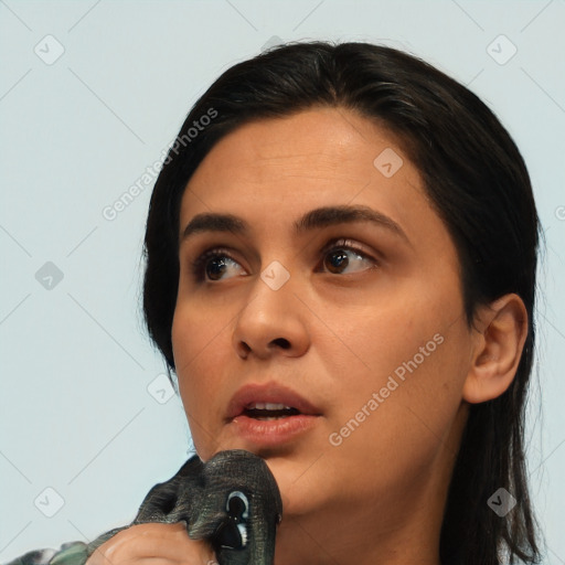 Neutral latino young-adult female with medium  black hair and brown eyes