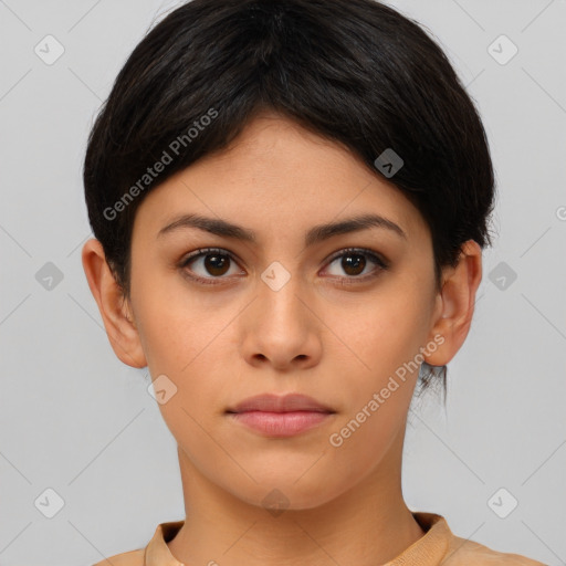 Neutral white young-adult female with short  brown hair and brown eyes