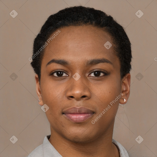 Neutral black young-adult female with short  black hair and brown eyes