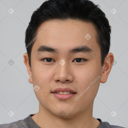 Neutral asian young-adult male with short  black hair and brown eyes