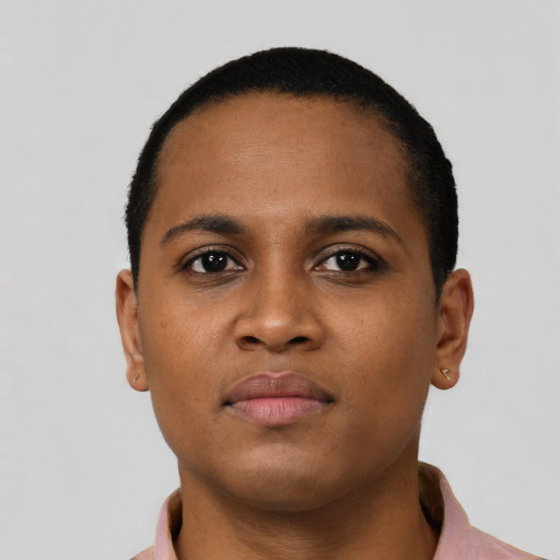 Neutral black young-adult female with short  brown hair and brown eyes