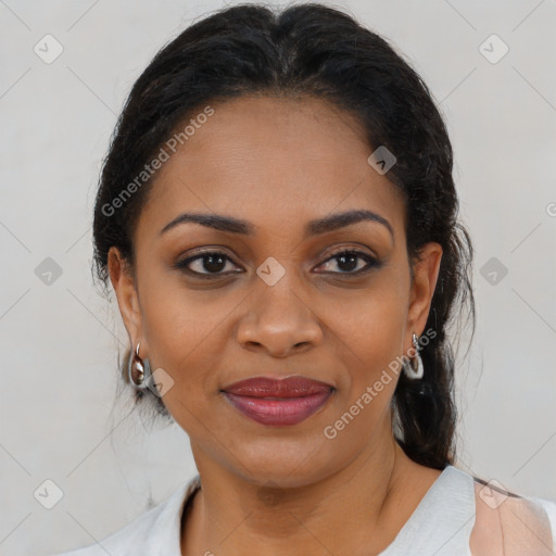 Joyful black young-adult female with medium  brown hair and brown eyes