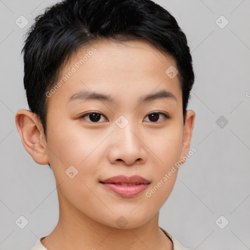 Joyful asian young-adult female with short  brown hair and brown eyes