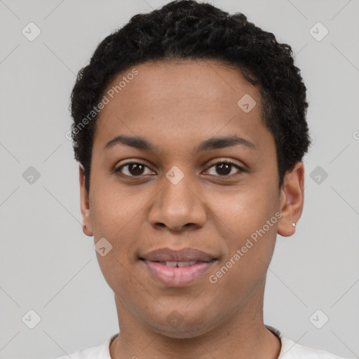 Joyful latino young-adult female with short  black hair and brown eyes