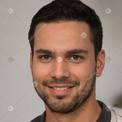 Joyful white young-adult male with short  brown hair and brown eyes