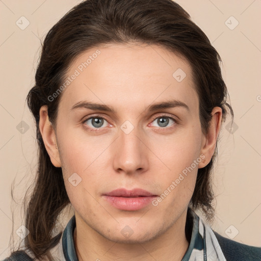 Neutral white young-adult female with medium  brown hair and brown eyes