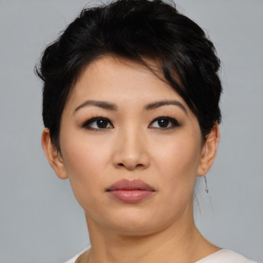 Neutral asian young-adult female with short  black hair and brown eyes