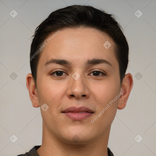 Joyful white young-adult female with short  brown hair and brown eyes