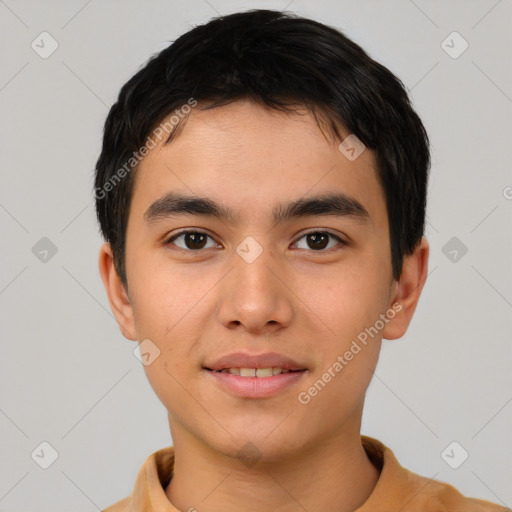 Joyful asian young-adult male with short  brown hair and brown eyes