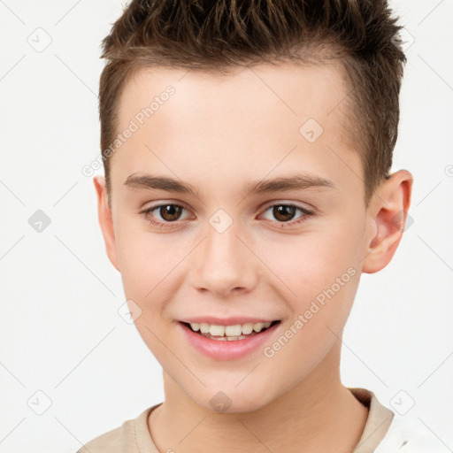 Joyful white child male with short  brown hair and brown eyes