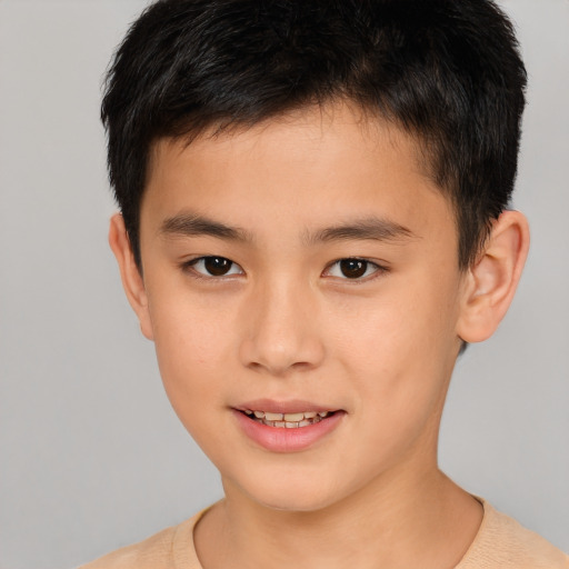 Joyful asian child male with short  brown hair and brown eyes