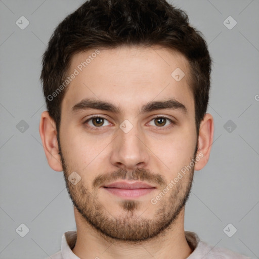 Neutral white young-adult male with short  brown hair and brown eyes