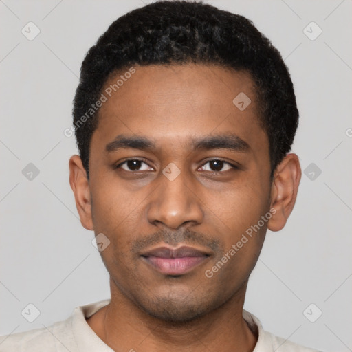 Neutral black young-adult male with short  black hair and brown eyes