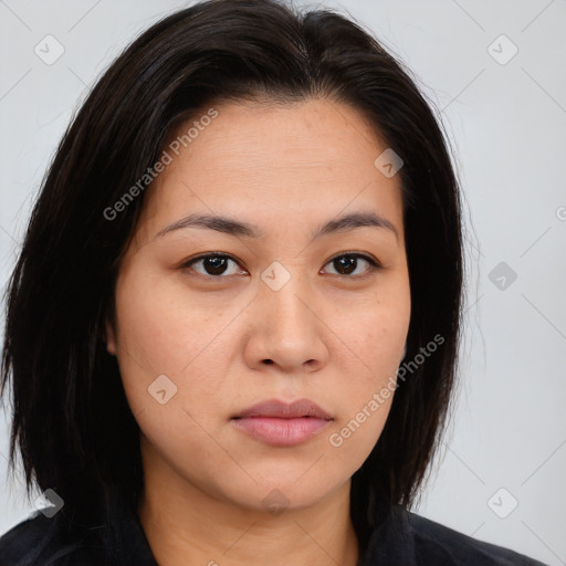 Neutral white young-adult female with long  brown hair and brown eyes