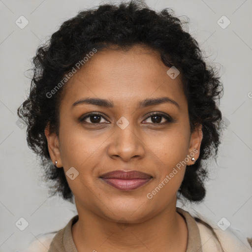 Joyful black young-adult female with medium  brown hair and brown eyes