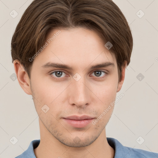 Neutral white young-adult male with short  brown hair and grey eyes