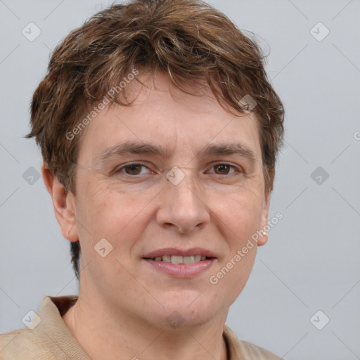 Joyful white adult male with short  brown hair and grey eyes