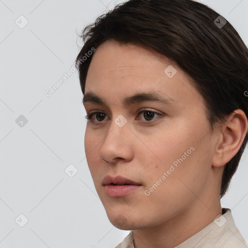 Neutral white young-adult female with short  brown hair and brown eyes