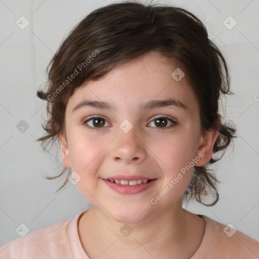 Joyful white child female with medium  brown hair and brown eyes