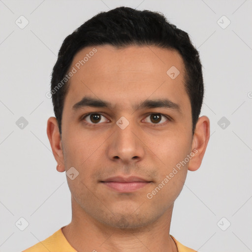 Neutral latino young-adult male with short  black hair and brown eyes