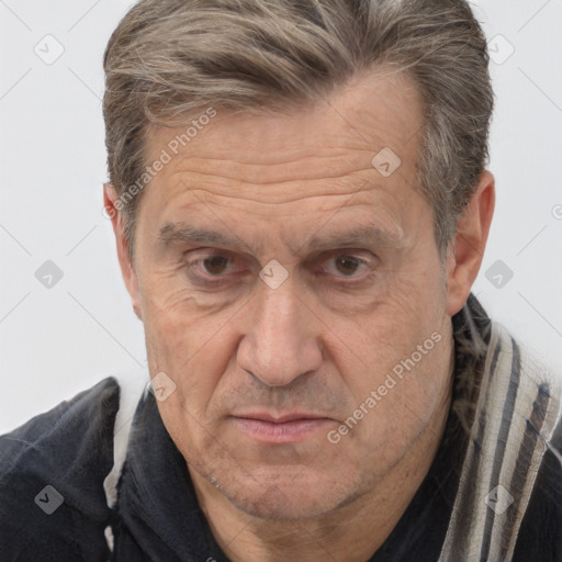 Joyful white middle-aged male with short  brown hair and brown eyes