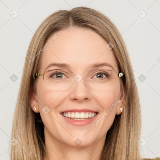 Joyful white young-adult female with long  brown hair and green eyes