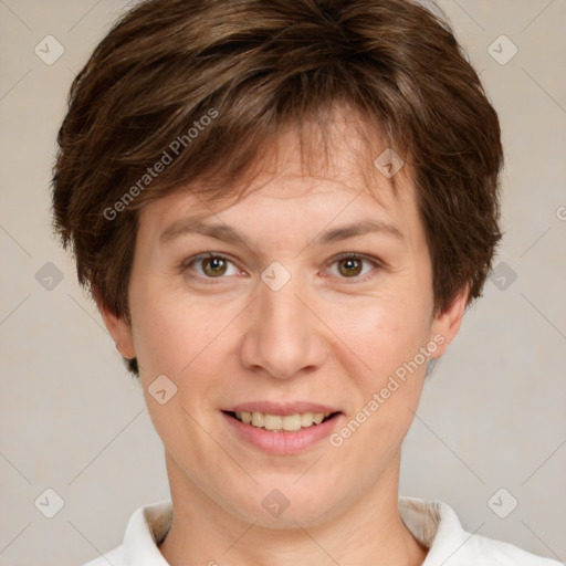 Joyful white adult female with short  brown hair and brown eyes