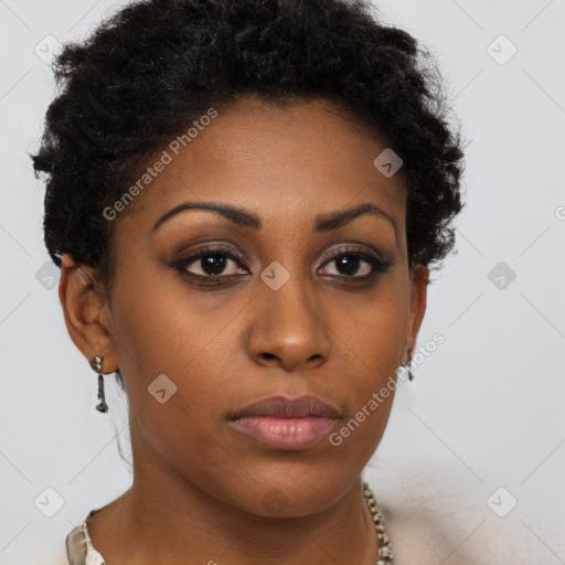 Neutral black young-adult female with short  brown hair and brown eyes