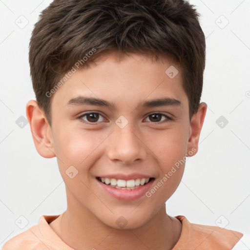 Joyful white child male with short  brown hair and brown eyes