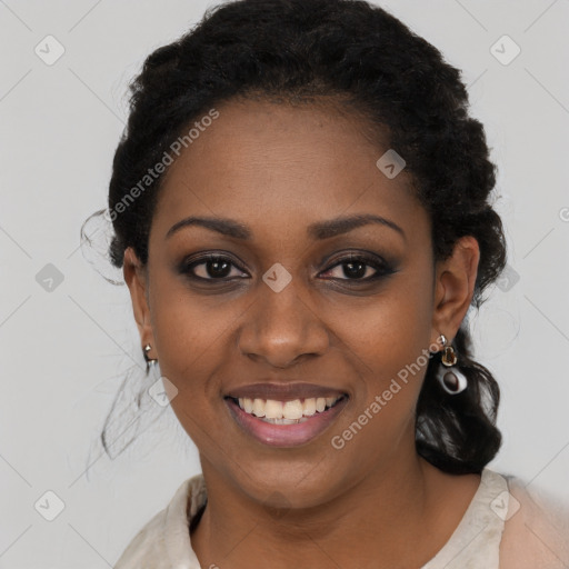 Joyful black young-adult female with medium  black hair and brown eyes