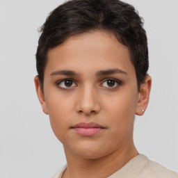 Neutral white young-adult female with short  brown hair and brown eyes