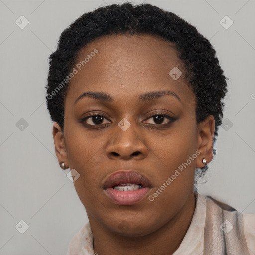 Neutral black young-adult female with short  brown hair and brown eyes