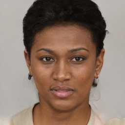 Neutral black young-adult female with short  black hair and brown eyes