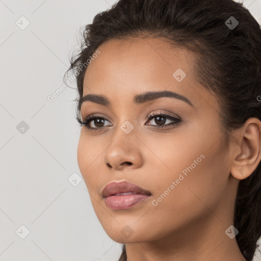 Neutral white young-adult female with long  brown hair and brown eyes