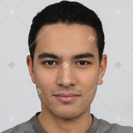 Neutral latino young-adult male with short  black hair and brown eyes