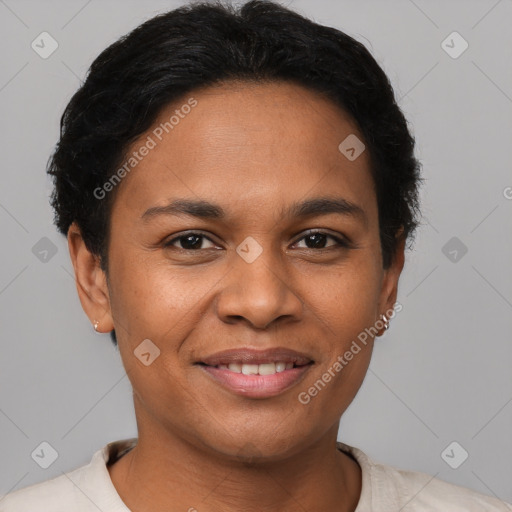 Joyful latino young-adult female with short  brown hair and brown eyes