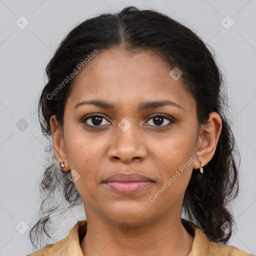 Joyful black young-adult female with medium  brown hair and brown eyes