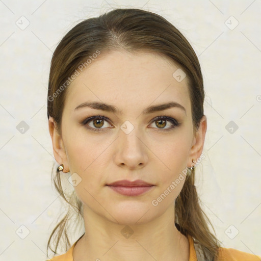 Neutral white young-adult female with medium  brown hair and brown eyes