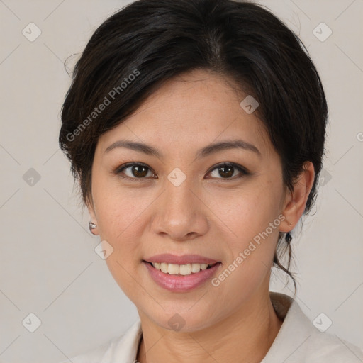 Joyful white young-adult female with medium  brown hair and brown eyes