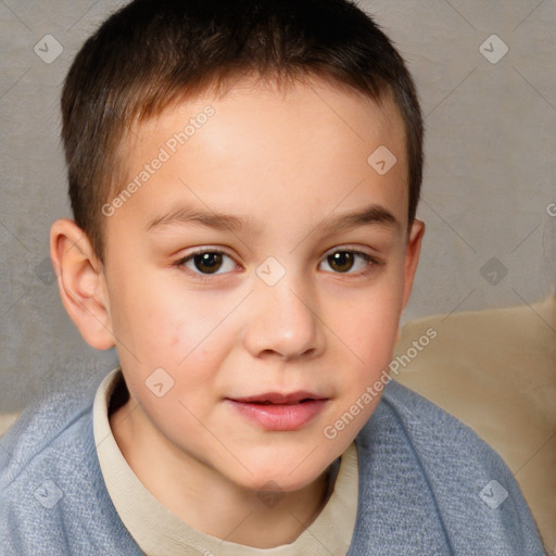 Joyful white child male with short  brown hair and brown eyes