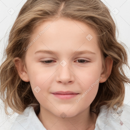 Joyful white child female with medium  brown hair and grey eyes