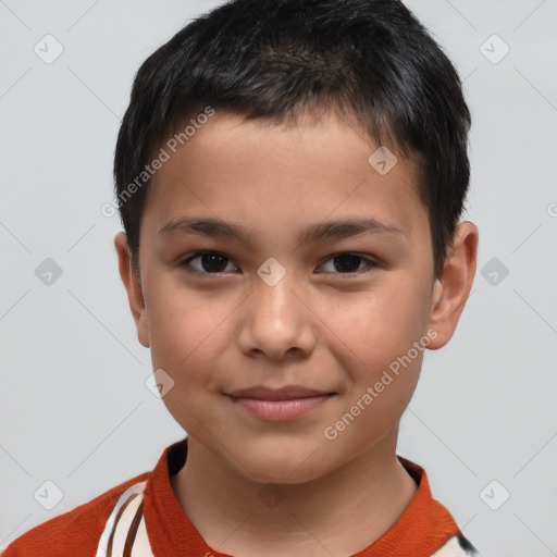 Joyful white child male with short  brown hair and brown eyes