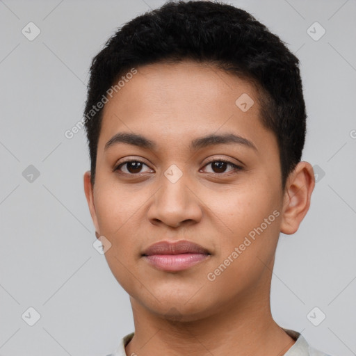 Joyful latino young-adult female with short  brown hair and brown eyes