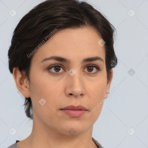 Neutral white young-adult female with short  brown hair and brown eyes