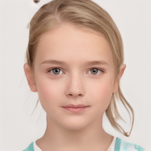 Neutral white child female with medium  brown hair and grey eyes